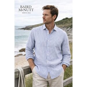 Baird McNutt Murano Slim Fit Linen Blue Striped Long Sleeve Button Shirt Large